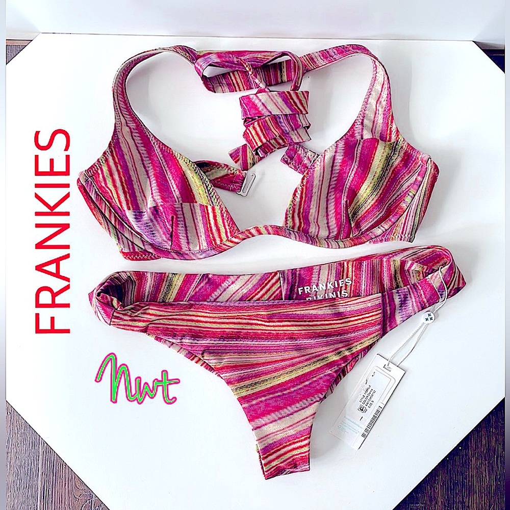 NWT FRANKIES shimmy pink gold red high leg underwire bandeau cheekini bikini set